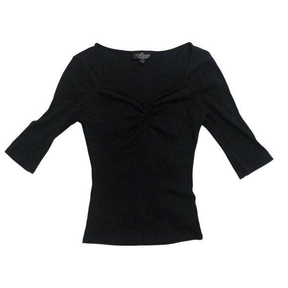 3/$25 ❥ Topshop 3/4 Length Sweetheart Neckline Tee Black Lightweight Crop Size 4 - Picture 1 of 4